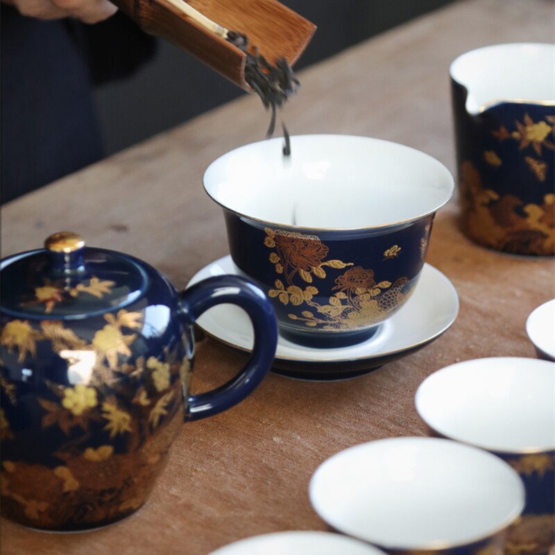 블루 스케치 가이완 도자기 파란색 유약 중국 컵 그릇 접시 중국 Tureen Ceramic Kungfu 차 세트 차 그릇 뚜껑