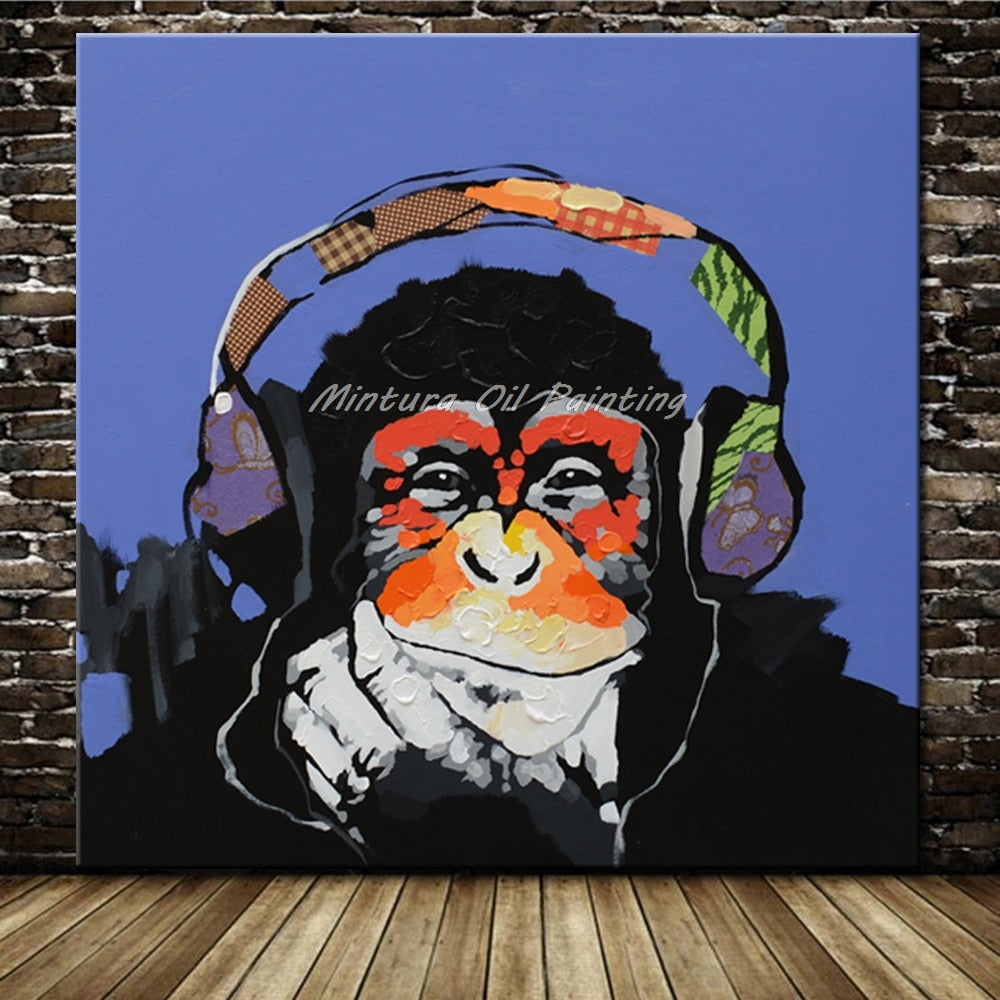 מינטורה, ציור שמן בעלי חיים מצוירים מצוירים ביד על בד על בד, פיגי לבוש משקפיים אמנות קיר לקישוט ביתי בסלון