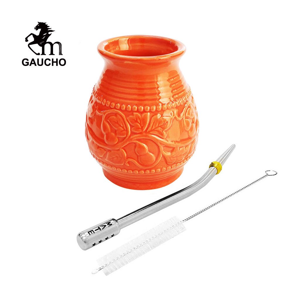 1 PC/Lot Yerba Mate Cups Ceramic Gourds 250 ML Emboss Calabash Pattern Include Bombilla Filter Straw Cleaning Brush