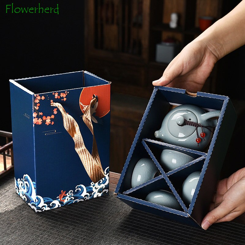 Ke Kiln 중국 차 세트 Tearue Kung Fu 여행 차 세트 선물 상자 4 개의 컵 이벤트 선물 선물 차트 및 컵 세트와 함께 주전자