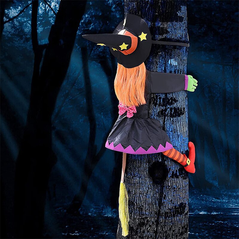 魔女を木のハロウィーンの装飾に衝突させ、魔女の小道具をぶら下げてハロウィーンの魔女の装飾をドアポーチポールガードの装飾