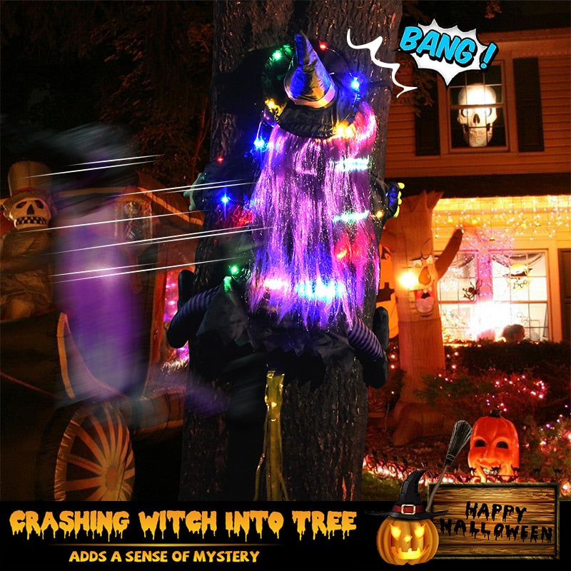 Дерево избивающей ведьму с легким Хэллоуином, висящий декор, открытый крыльцо, двор, газонная терраса, летающая ведьма Хэллоуин Декор.