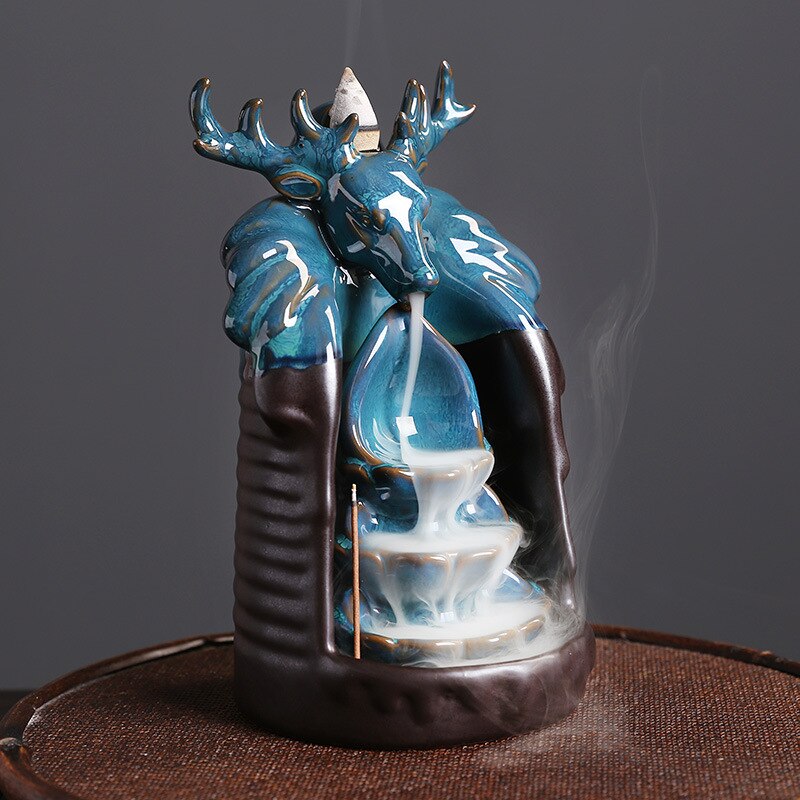Ceramic Incense Waterfall Modern Blue Deer Head Backflow Incense Burner Home Decoration Ornaments Backflow Incense Burner