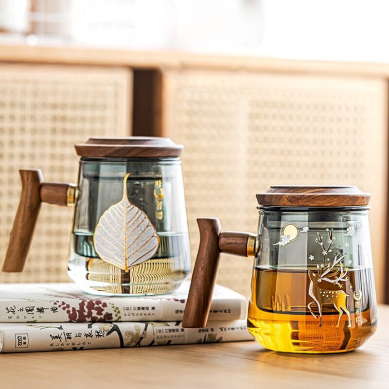 Høykvalitets varmebestandig glass Mugtea Vann separasjon Tesekopp Kung Fu Tea Set Filter Water Cup med lokk Filterkontor TEA Cup