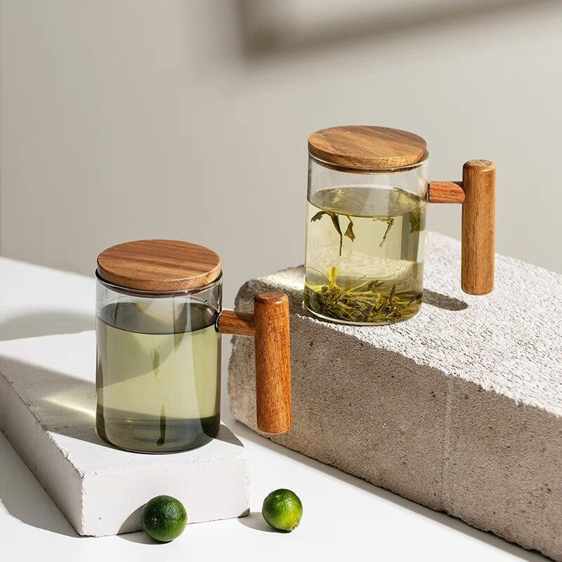 Xícara de chá de vidro com infusor e tampa, caneca de chá de vidro, xícara de chá grande com alça de madeira para chá de folhas soltas