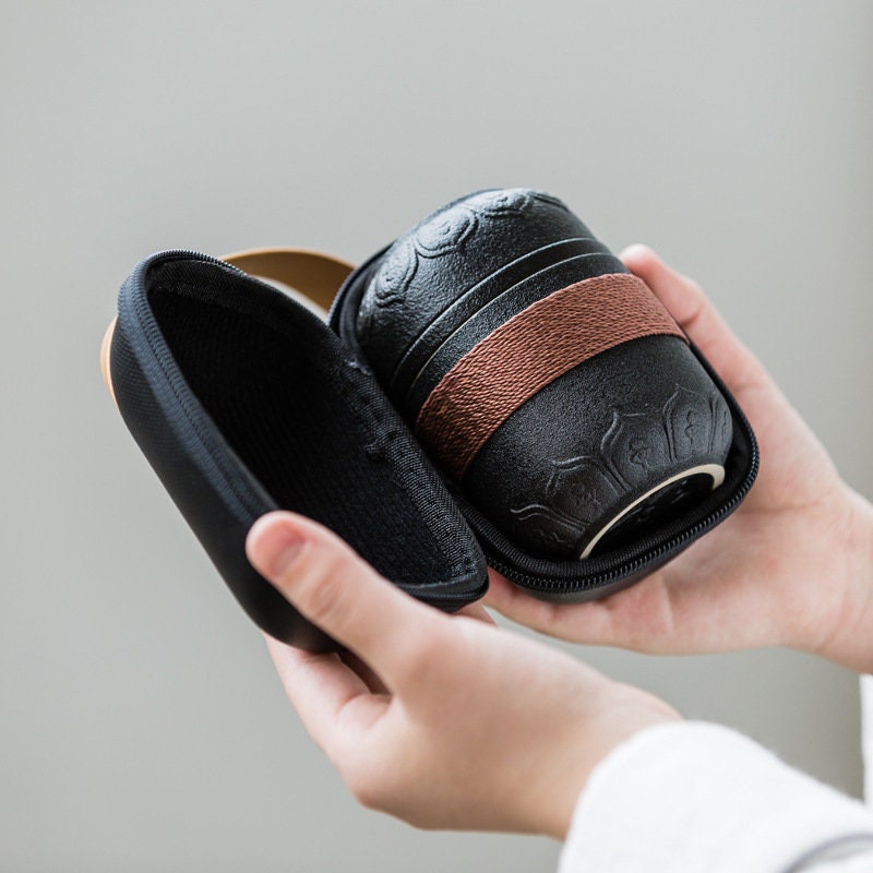 Bærbar rejsesæt | Sort | Hvid stentøj 1 te pot 2 te kopper | Office Drinkware | Håndlavet teceremoni tilbehør s