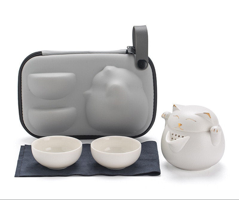 Tesett for katteelskere bærbar søt katt kopp en gryte og to kopper utendørs oppbevaringspose - keramisk tekanne med 2 kopper søt kattreiser