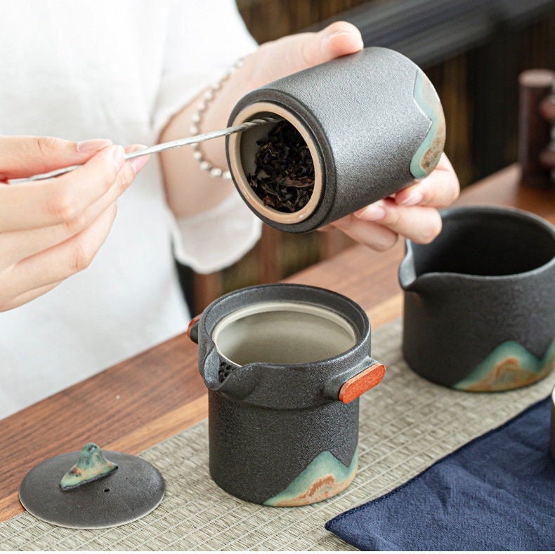 Keramická přenosná cestovní cestování Kung Fu Tea Set Home Office Zen Teapot Teapot Gift - Travel Teaset s šálky a čajovým caddy v cestovním sáčku