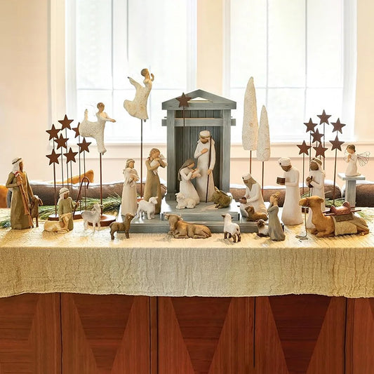 6 pièces Ensemble de crèche lieu de naissance statues d'arbre dessinées à la main, foi, anniversaire, action de grâces, Noël