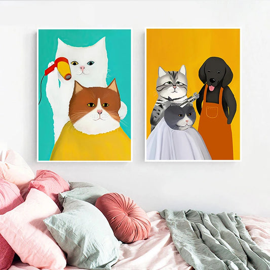 Anime Poster of Cat and Dog, Minimalist Art, Cartoon Animal Hairdresser Wall Picture, Painting for Pet Shop, Living Room Decor
