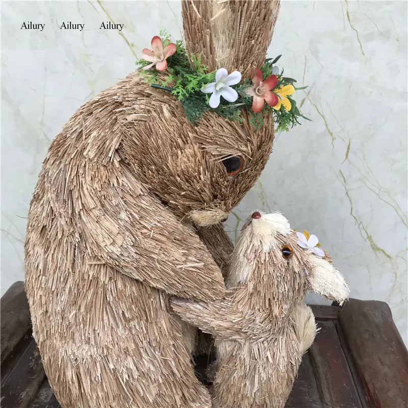 Mother And Son Kissing Straw Rabbits,Shop Window Decorations,Imitation Decorations,Easter Gifts,Forest Photo Shooting Props