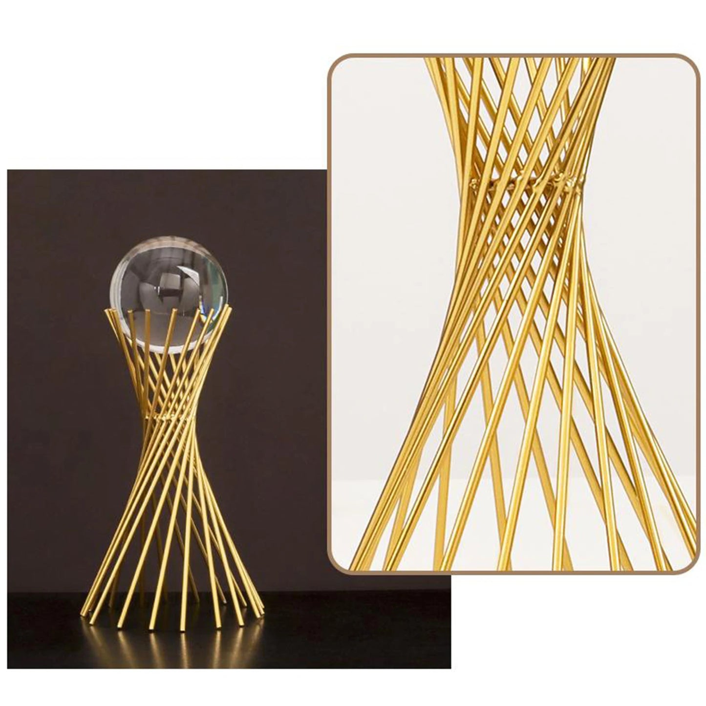 Golden Iron Crystal Ball with Geometric Stand Ornaments Desk Statues Sculpture Decor, for Living Room Bedroom Office Desktop