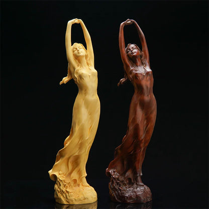 Sculpture en bois artisanale enchanteresse - Statue gracieuse de jeune femme, pose unique de la main, figurine miniature de fée artistique