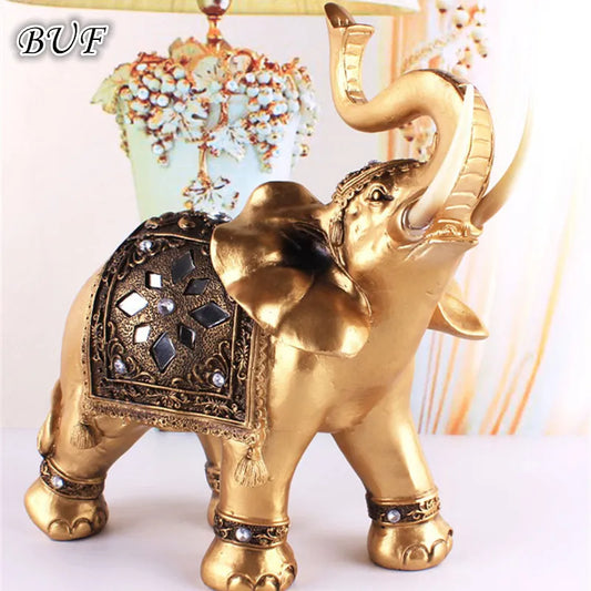 Statue d'éléphant en résine dorée Feng Shui, Sculpture élégante en trompe d'éléphant, Figurine de richesse porte-bonheur, ornements artisanaux pour la décoration de la maison