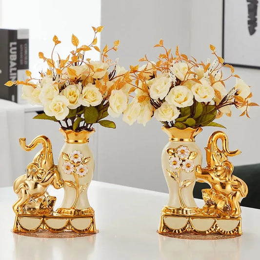 European Style Ceramic Golden Vase Arrangement Dining Table Home Decoration Accessories Creative Golden Elephant Vases