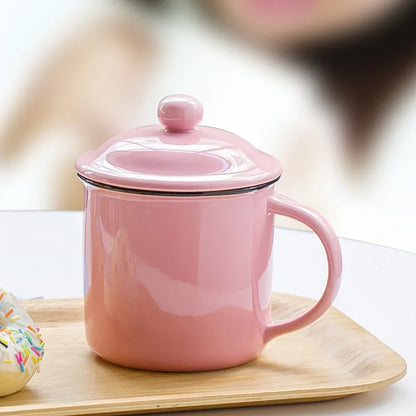 400ml Chinese style vintage enamel Mug with lid,ceramic mug coffee milk tea mugs home imitation ancient mouthwash water cup