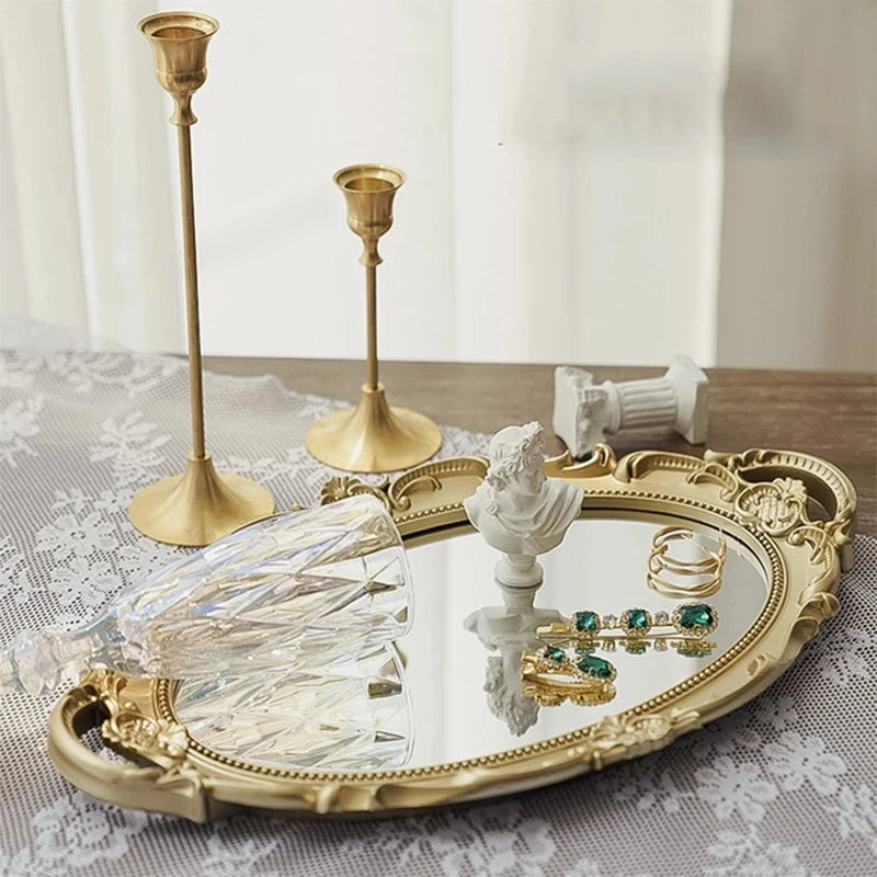 2024 Hot Vintage Decorative Glass Mirror Tray Fruit Jewelry Display Storage Plate Desktop Ornaments New