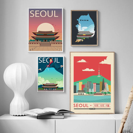 Seoul City South Korea Tour Travel Landscape Canvas Painting Nordic Wall Pictures Poster and Print Cartoon LivingRoom Home Decor