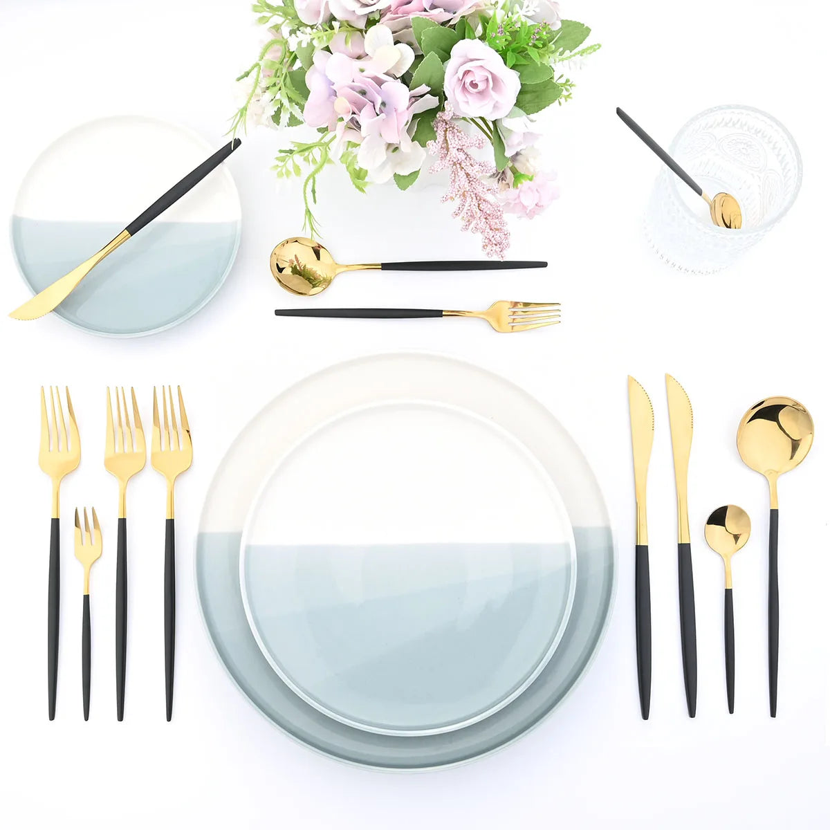 JANKNG 24Pcs Dinnerware Set Stainless Steel Cutlery Set Kitchen Tableware Knife Fork Spoon Flatware Black Gold Silverware for 6