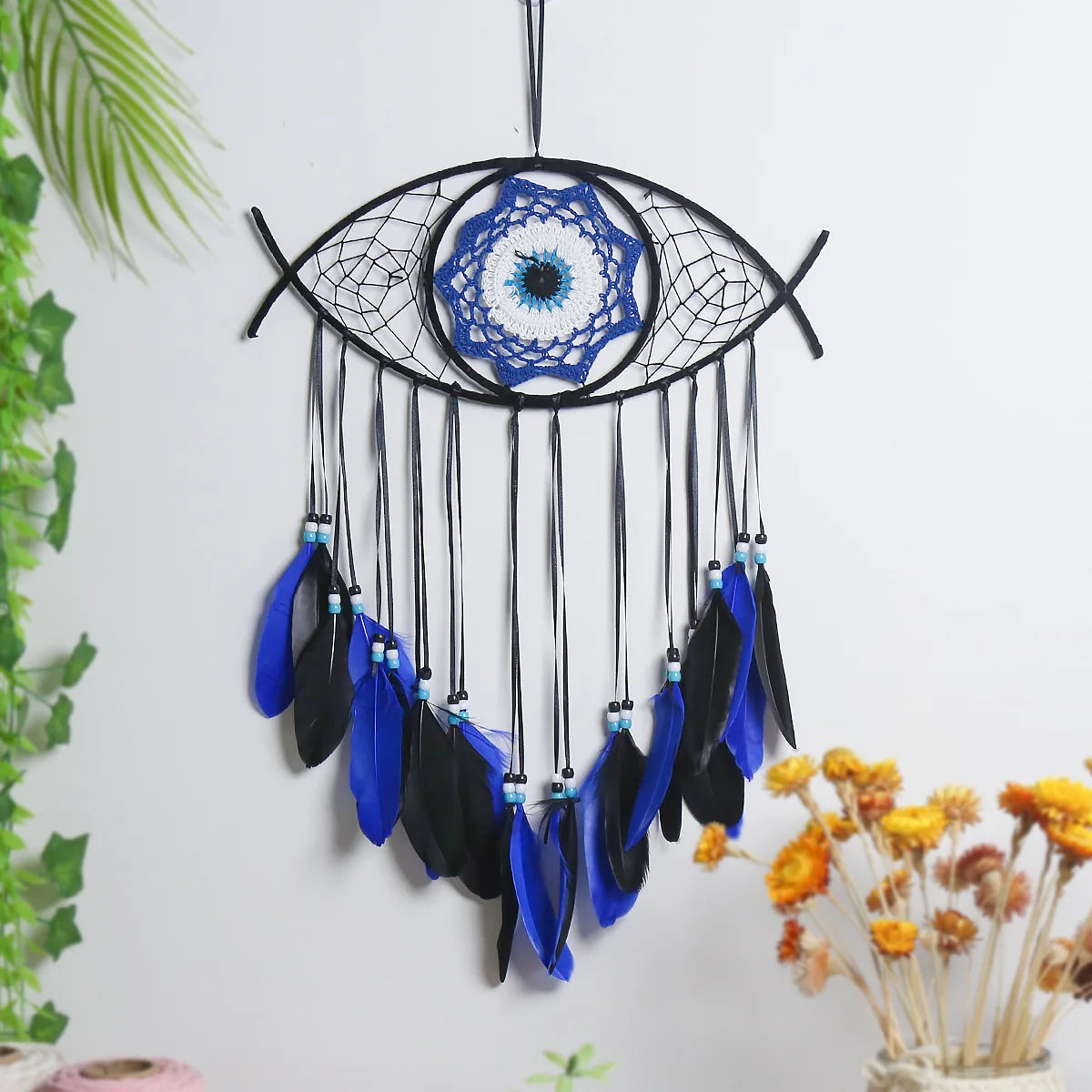 Evil Eye Dream Catcher Boho Room Decor Handmade Eye Wall Decor Blue Feather Dreamcatcher Wall Hanging Wall Art  Living Room Gift