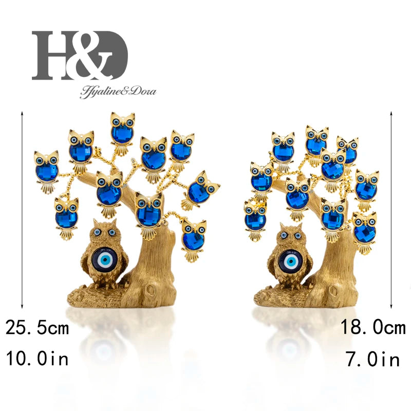 H&D Blue Evil Eye Tree for Protection Gold Owl Shape Tree Fengshui Ornament Home Office Decor Good Luck Gift Showpiece Xmas Gift