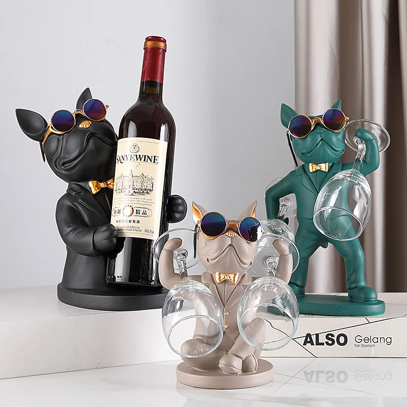KungFu Bulldog Butler Creative Wine Glass Holders Resin Dog statue Wine Glass Rack Stand for Table Desk Décor for Kitchen Bar