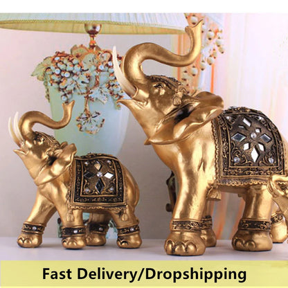 Golden Resin Elephant Statue Feng Shui Elegant Elephant Trunk Sculpture Lucky Wealth Figurine Crafts Ornaments For Home Decor