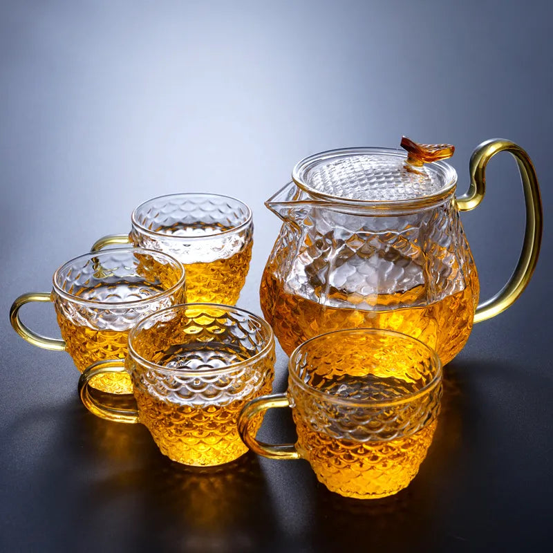 HMLOVE Heat Resistant Glass Fish Scale Teapot High Boron Silicon Filter Strainers Chinese Kung Fu Teawear Set Ceremony Pot