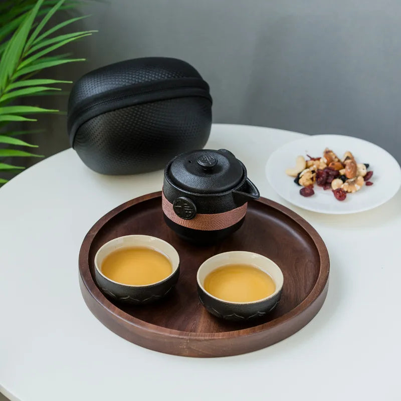 Hochwertige schwarze Keramik, 1 Kanne und 2 Tassen, tragbares Tee-Set für Reisen, Zuhause und Büro, Keramik-Tee- und Kaffeebehälter mit Beutel