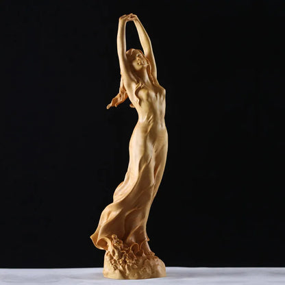 Enchanting Handcrafted Wooden Sculpture - Graceful Young Lady Statue, Unique Hand-Up Pose, Artistic Fairy Miniature Figurine