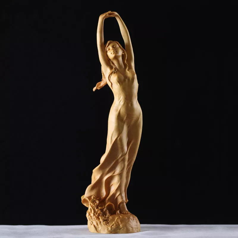 Sculpture en bois artisanale enchanteresse - Statue gracieuse de jeune femme, pose unique de la main, figurine miniature de fée artistique