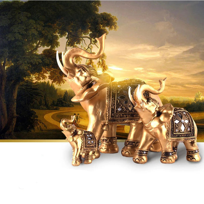 Golden Resin Elephant Statue Feng Shui Elegant Elephant Trunk Sculpture Lucky Wealth Figurine Crafts Ornaments For Home Decor