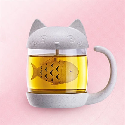 Arshen  250ml Cat Shaped Glass Cup Wheat Fibre Cute Cat Cup With Fish Shaped Infuser Strainer Filter Tea Cups Home Office Gifts