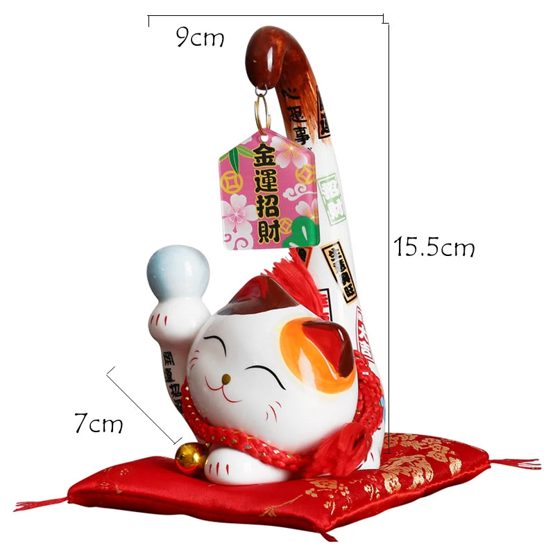 1pc Japanese Maneki Neko Ceramic Lucky Cat Ornament Cartoon Margay Long Tail Cat Statue Home Decorative Figurine