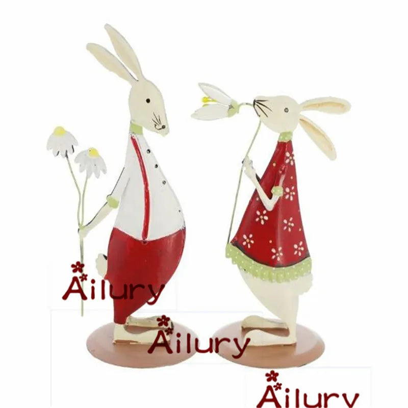 2Pcs,Cute Country Style Red Tin Bunny Ornaments Two-Sided Shy Rabbit Christmas Creative Presents Home Decor,Desktop Wedding