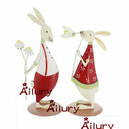 2Pcs,Cute Country Style Red Tin Bunny Ornaments Two-Sided Shy Rabbit Christmas Creative Presents Home Decor,Desktop Wedding