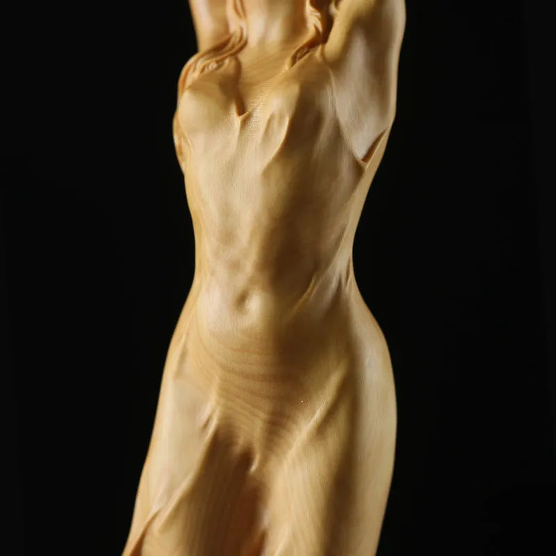 Bezaubernde handgefertigte Holzskulptur – anmutige junge Dame-Statue, einzigartige Hand-Up-Pose, künstlerische Feen-Miniaturfigur