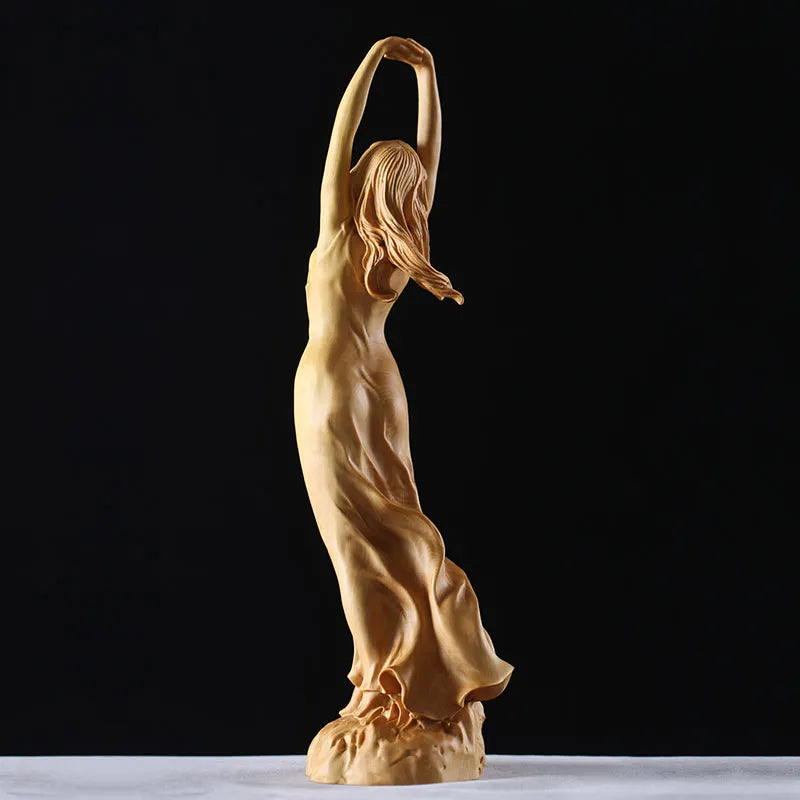 Bezaubernde handgefertigte Holzskulptur – anmutige junge Dame-Statue, einzigartige Hand-Up-Pose, künstlerische Feen-Miniaturfigur