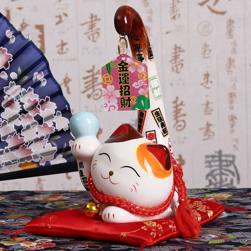 1pc Japanese Maneki Neko Ceramic Lucky Cat Ornament Cartoon Margay Long Tail Cat Statue Home Decorative Figurine