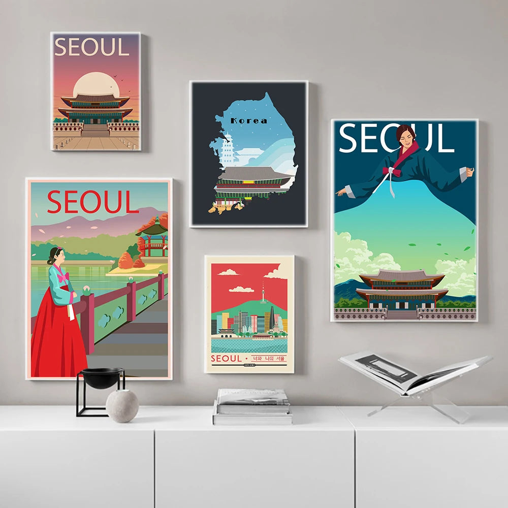 Seoul City South Korea Tour Travel Landscape Canvas Painting Nordic Wall Pictures Poster and Print Cartoon LivingRoom Home Decor