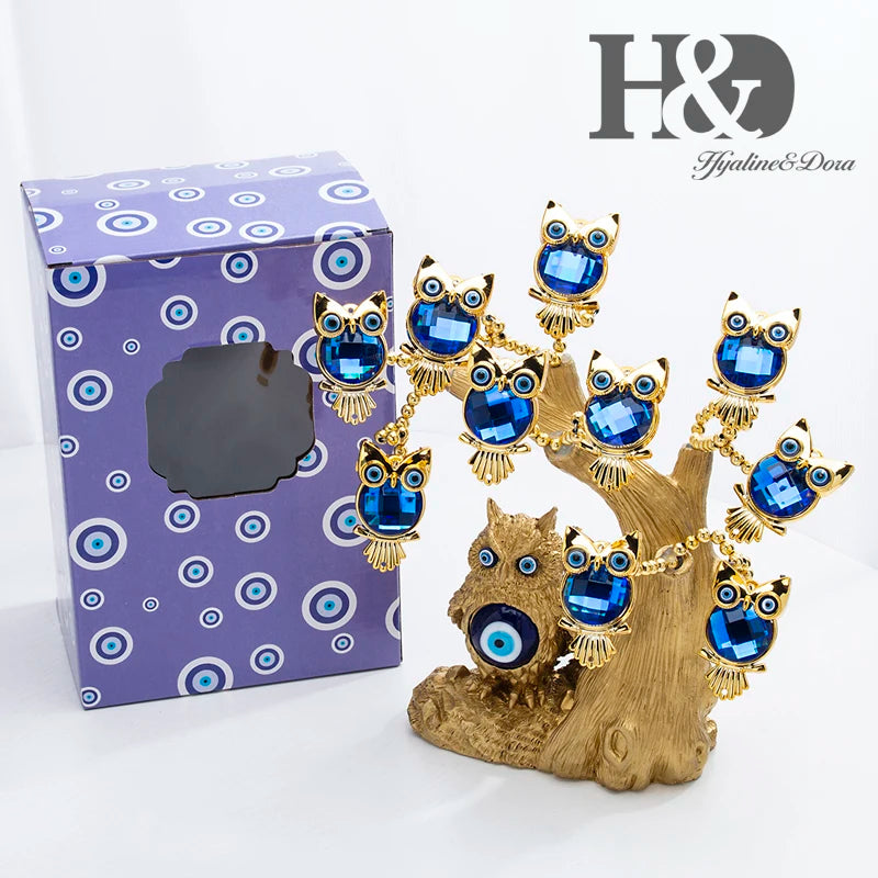 H&D Blue Evil Eye Tree for Protection Gold Owl Shape Tree Fengshui Ornament Home Office Decor Good Luck Gift Showpiece Xmas Gift