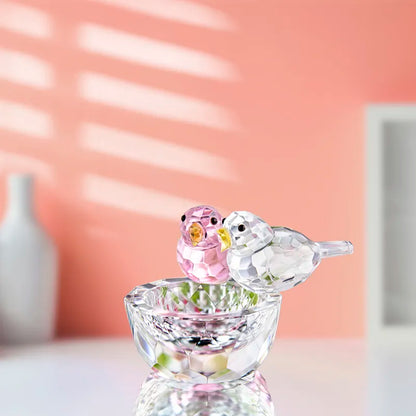 H&D Handmade Crystal 2 Birds on A Bowl Figurines Collection Art Glass Jewelry Ring Holder Status for Table Home Decor
