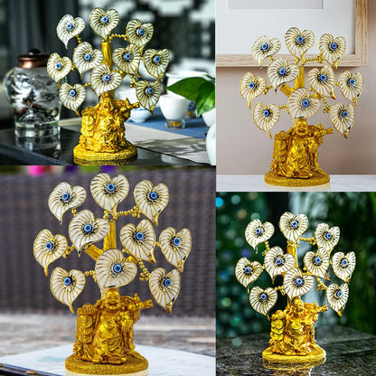 H&D Turkish Evil Eye Tree With Painted Golden Buddha Statue Money Tree Showpiece Home Office Decor for Wealth Health Good Luck