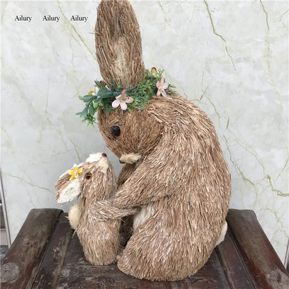 Mother And Son Kissing Straw Rabbits,Shop Window Decorations,Imitation Decorations,Easter Gifts,Forest Photo Shooting Props
