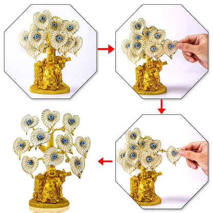 H&D Turkish Evil Eye Tree With Painted Golden Buddha Statue Money Tree Showpiece Home Office Decor for Wealth Health Good Luck