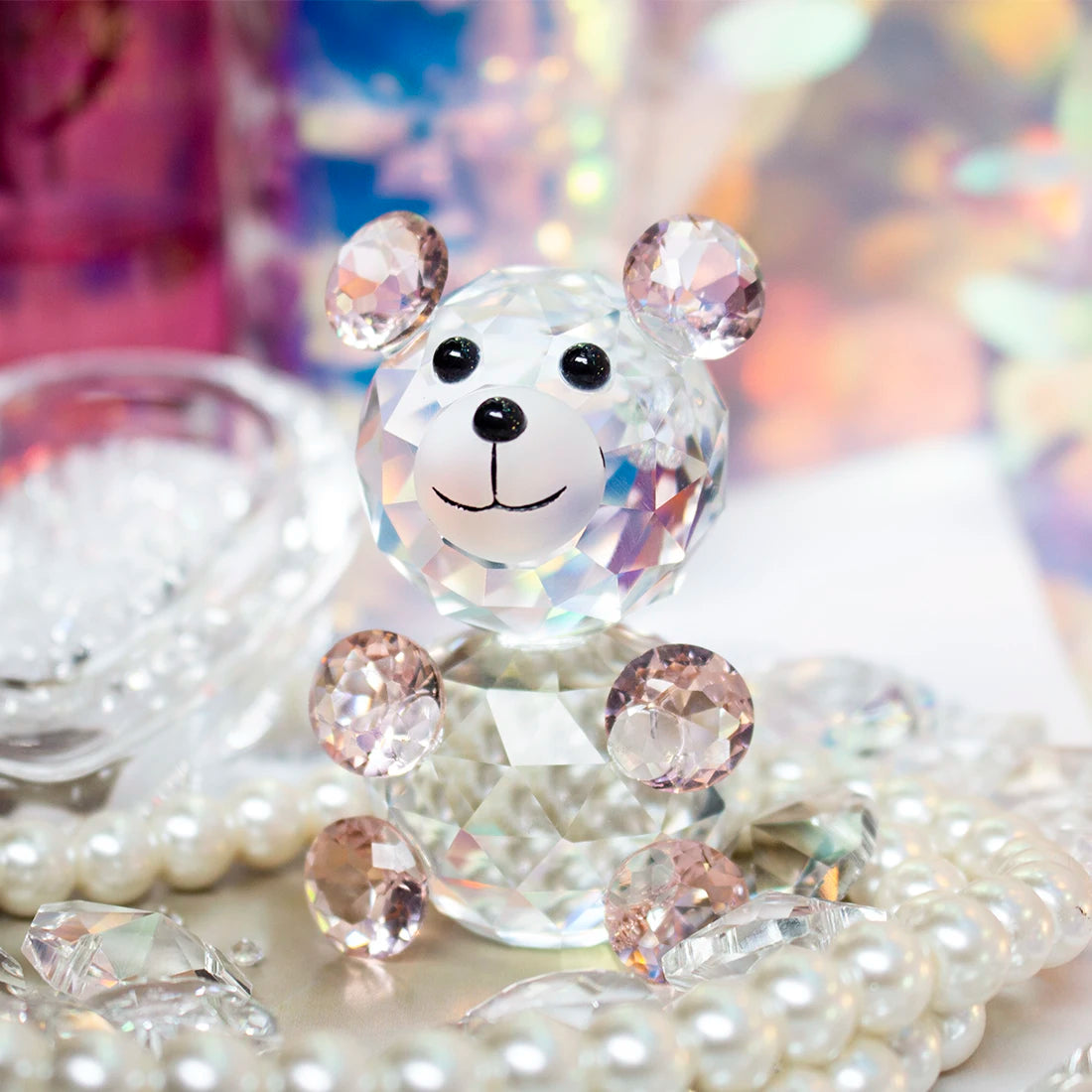 H&D Pink 3D Little Bear Crystal Figurine Art Glass Animal Paperweight Ornament Collectible Xmas Gift Home Wedding Decoration