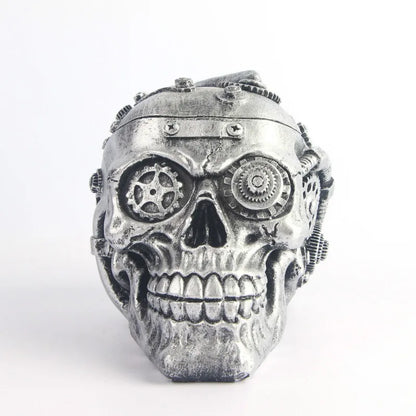 BUF Silver Mechanical Gear Skull Statue Resin Craft Punk Style Home Decoration Sculpture Halloween Party Decor Ornaments Gifts