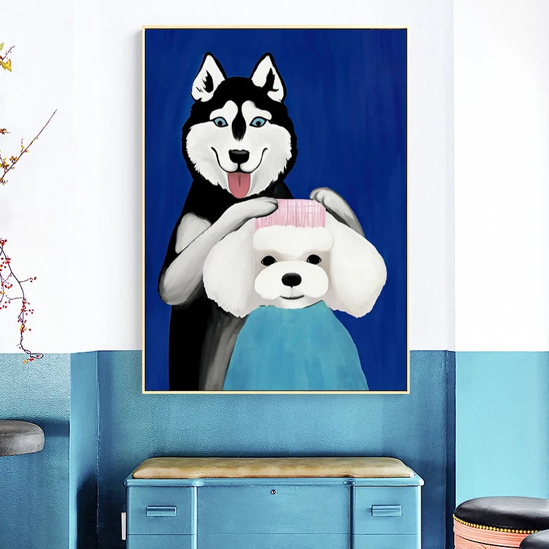 Anime Poster of Cat and Dog, Minimalist Art, Cartoon Animal Hairdresser Wall Picture, Painting for Pet Shop, Living Room Decor