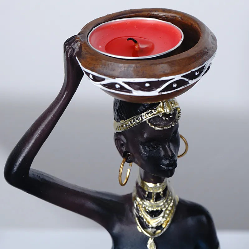 Candleholder African Figurines 8.5" Women Decorative Sculptures Candle Holder for Dining Room Tribal Lady Statue for Home Decor