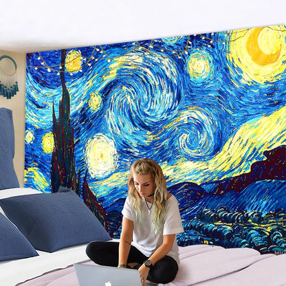 Tapestry Famous Van Gogh Print Blanket Wall Hanging Star Moon Night  Tapestry Decorative Blanket Fabric Bedroom 200x150cm Large